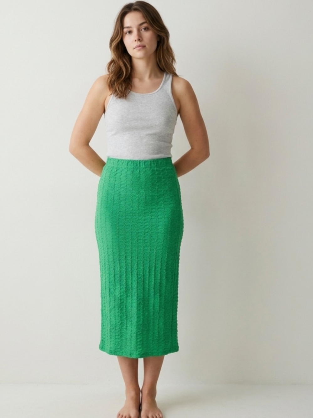 Vintage Bright Green Knit Midi Pencil Skirt Y2K